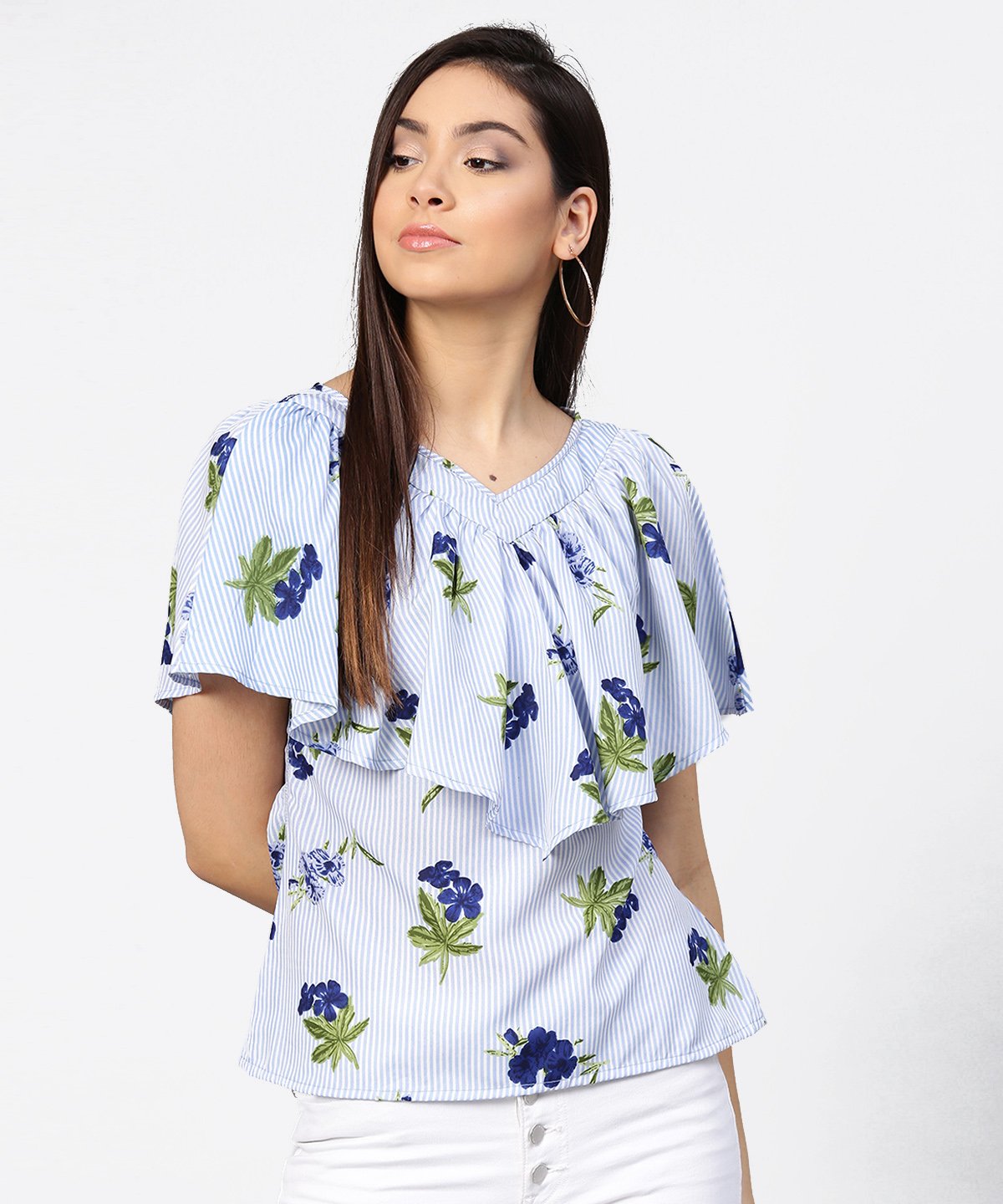 Women's Blue Striped Cowl Design V-Neck Crop Tops