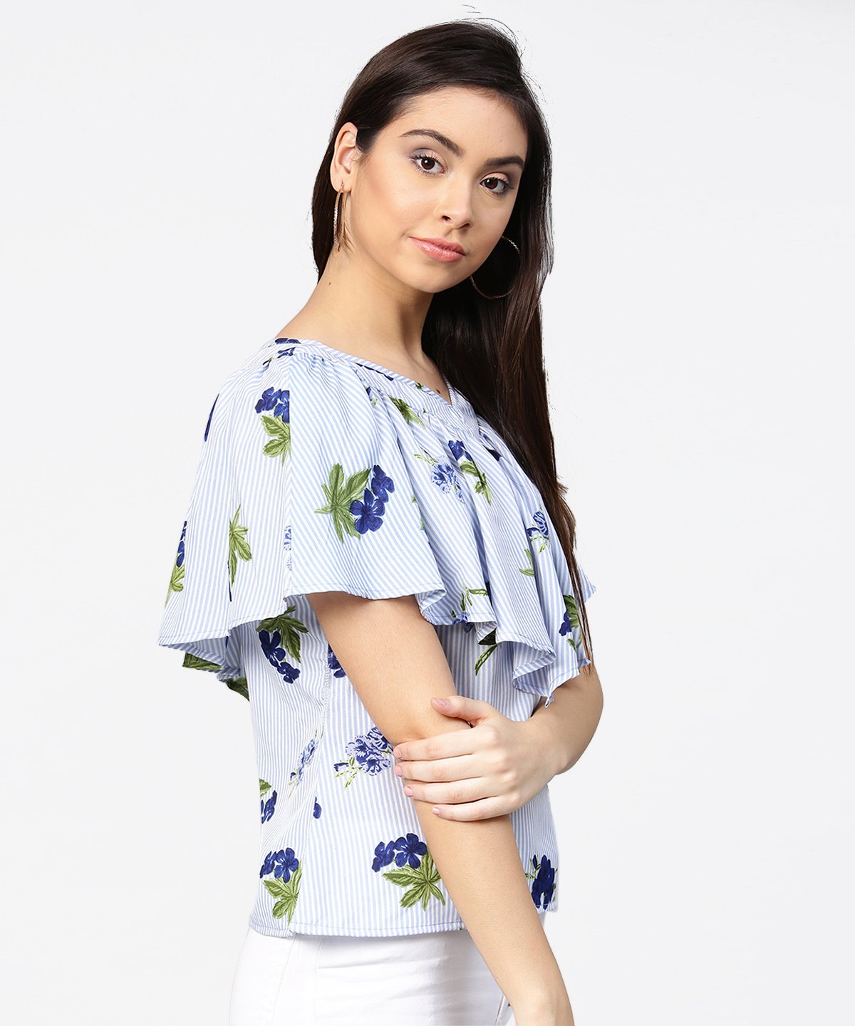 Women's Blue Striped Cowl Design V-Neck Crop Tops