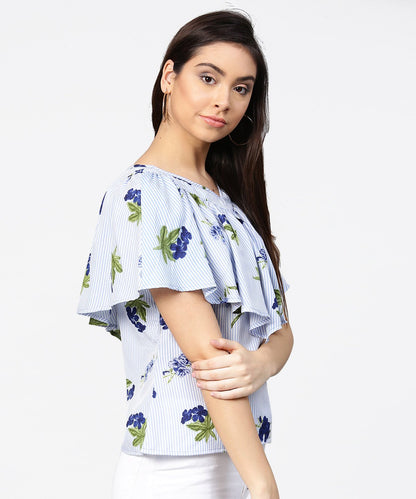 Women's Blue Striped Cowl Design V-Neck Crop Tops