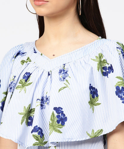 Women's Blue Striped Cowl Design V-Neck Crop Tops