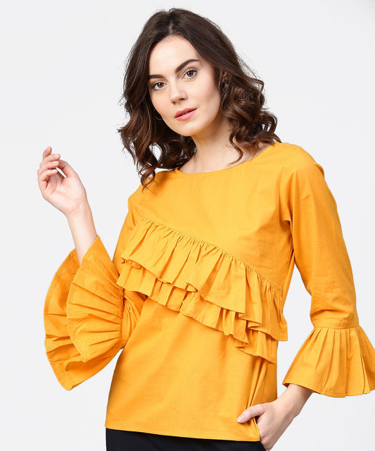 Women's Yellow Full Sleeve Cotton Tops