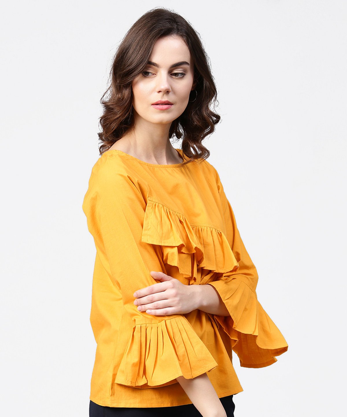Women's Yellow Full Sleeve Cotton Tops