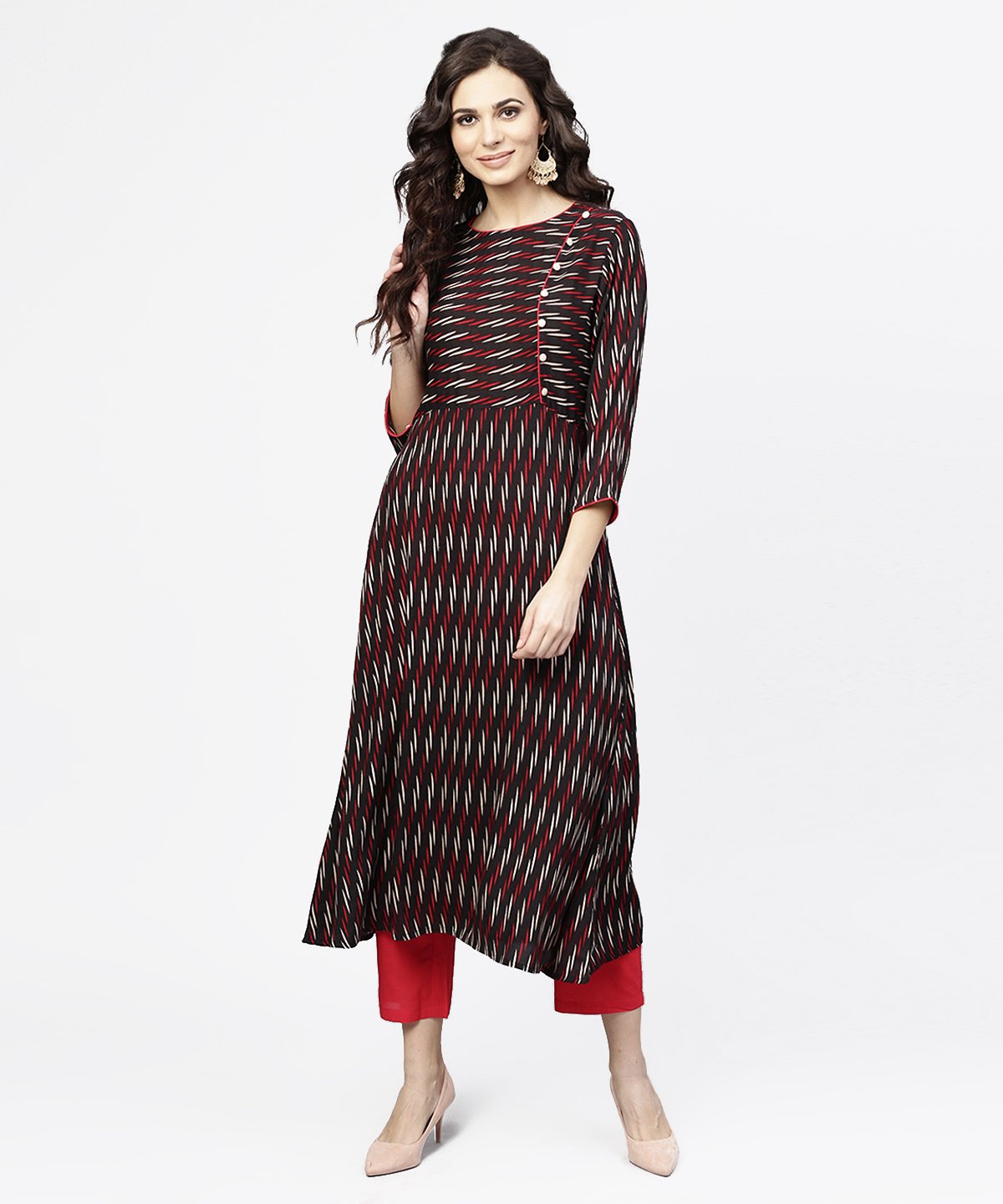 Women's Black Printed 3/4Th Sleeve Cotton Straight Kurta