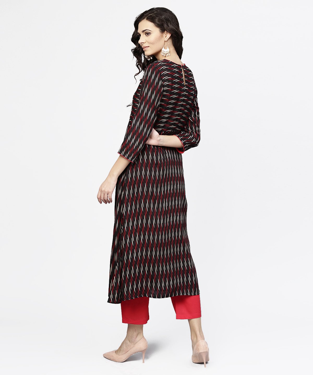Women's Black Printed 3/4Th Sleeve Cotton Straight Kurta