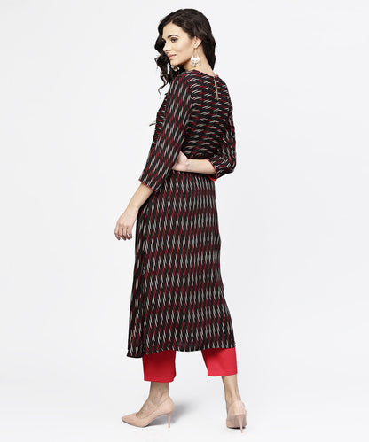 Women's Black Printed 3/4Th Sleeve Cotton Straight Kurta