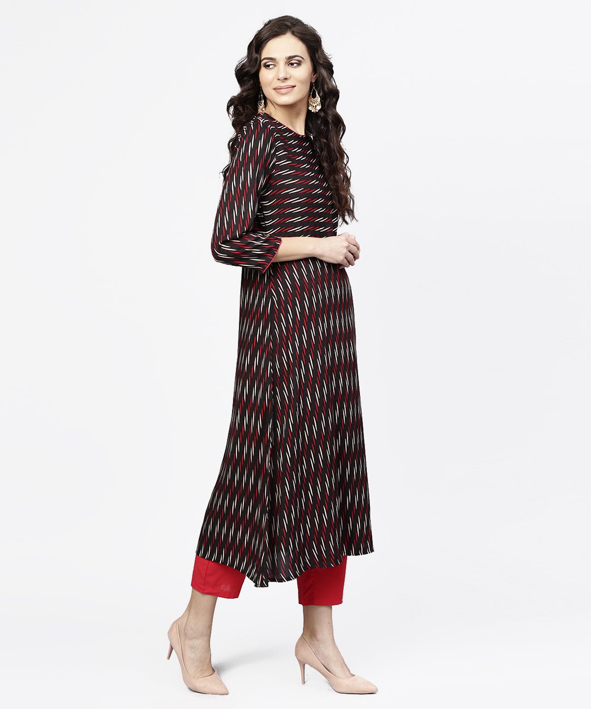 Women's Black Printed 3/4Th Sleeve Cotton Straight Kurta