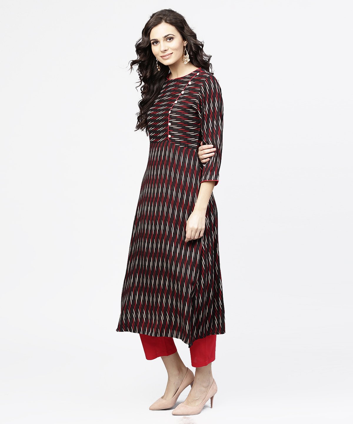 Women's Black Printed 3/4Th Sleeve Cotton Straight Kurta