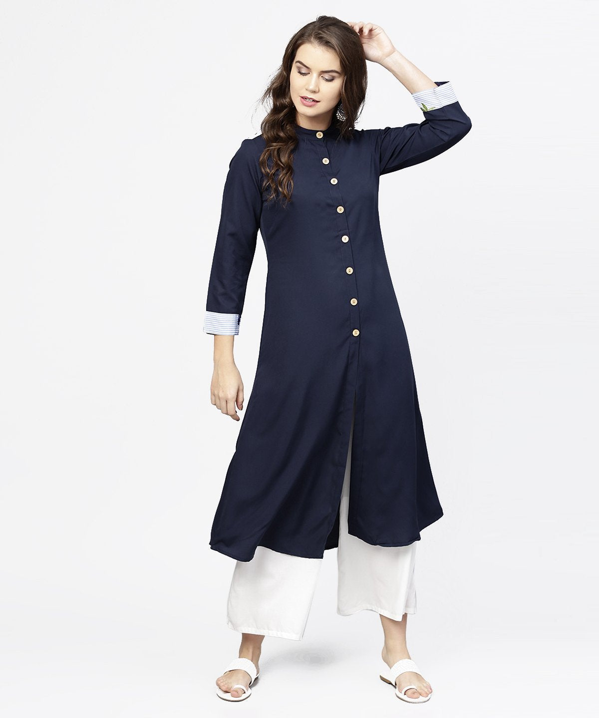 Women's Navy Blue 3/4Th Sleeve Crepe A-Line Kurta With Button At Front