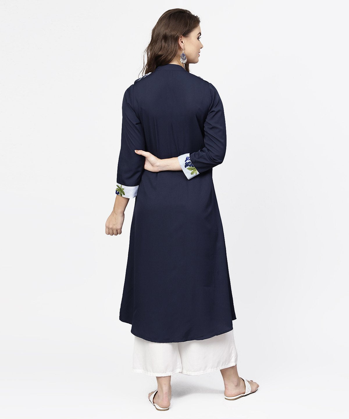Women's Navy Blue 3/4Th Sleeve Crepe A-Line Kurta With Button At Front