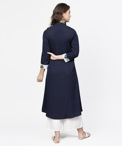 Women's Navy Blue 3/4Th Sleeve Crepe A-Line Kurta With Button At Front