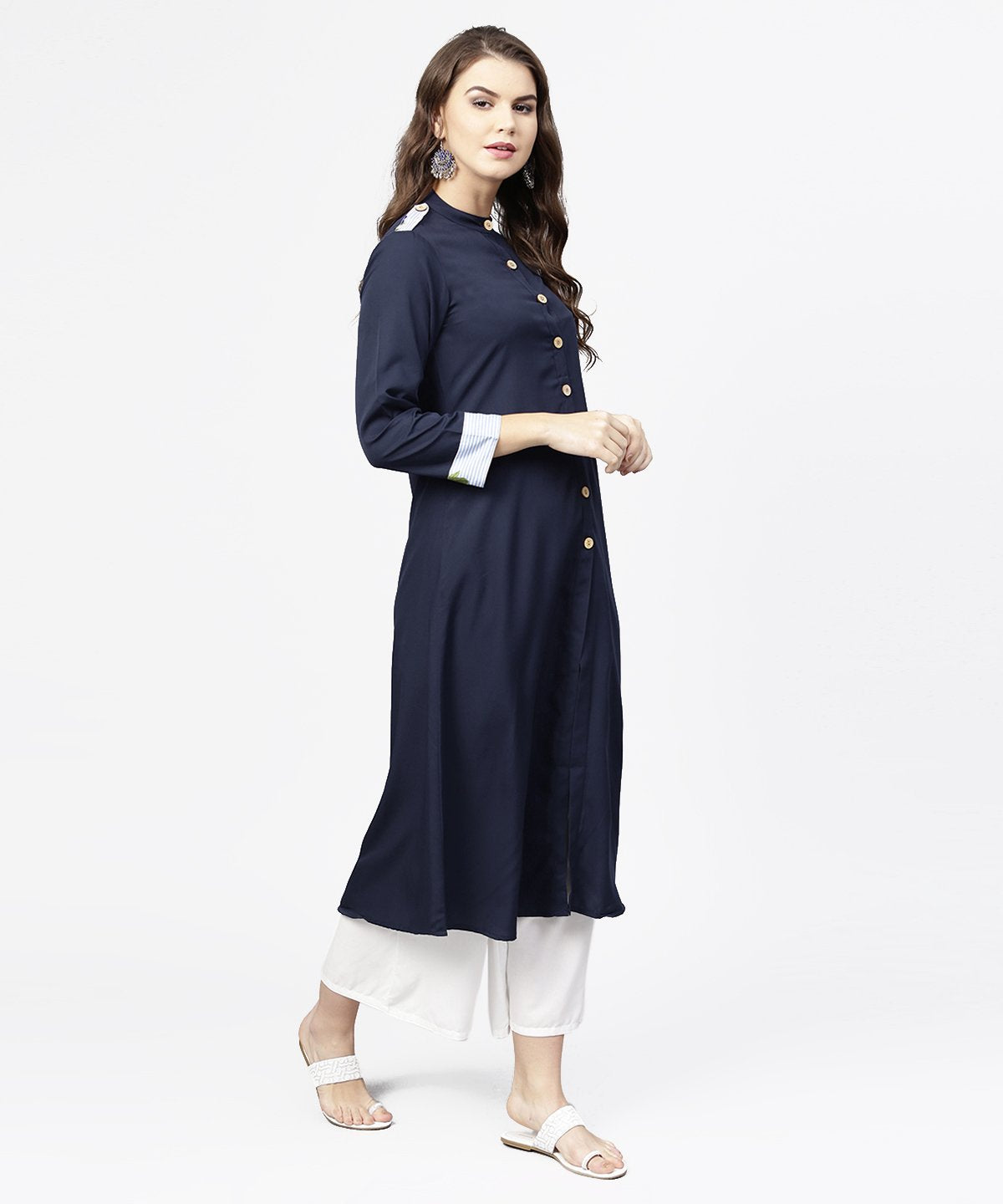 Women's Navy Blue 3/4Th Sleeve Crepe A-Line Kurta With Button At Front