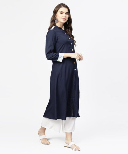 Women's Navy Blue 3/4Th Sleeve Crepe A-Line Kurta With Button At Front
