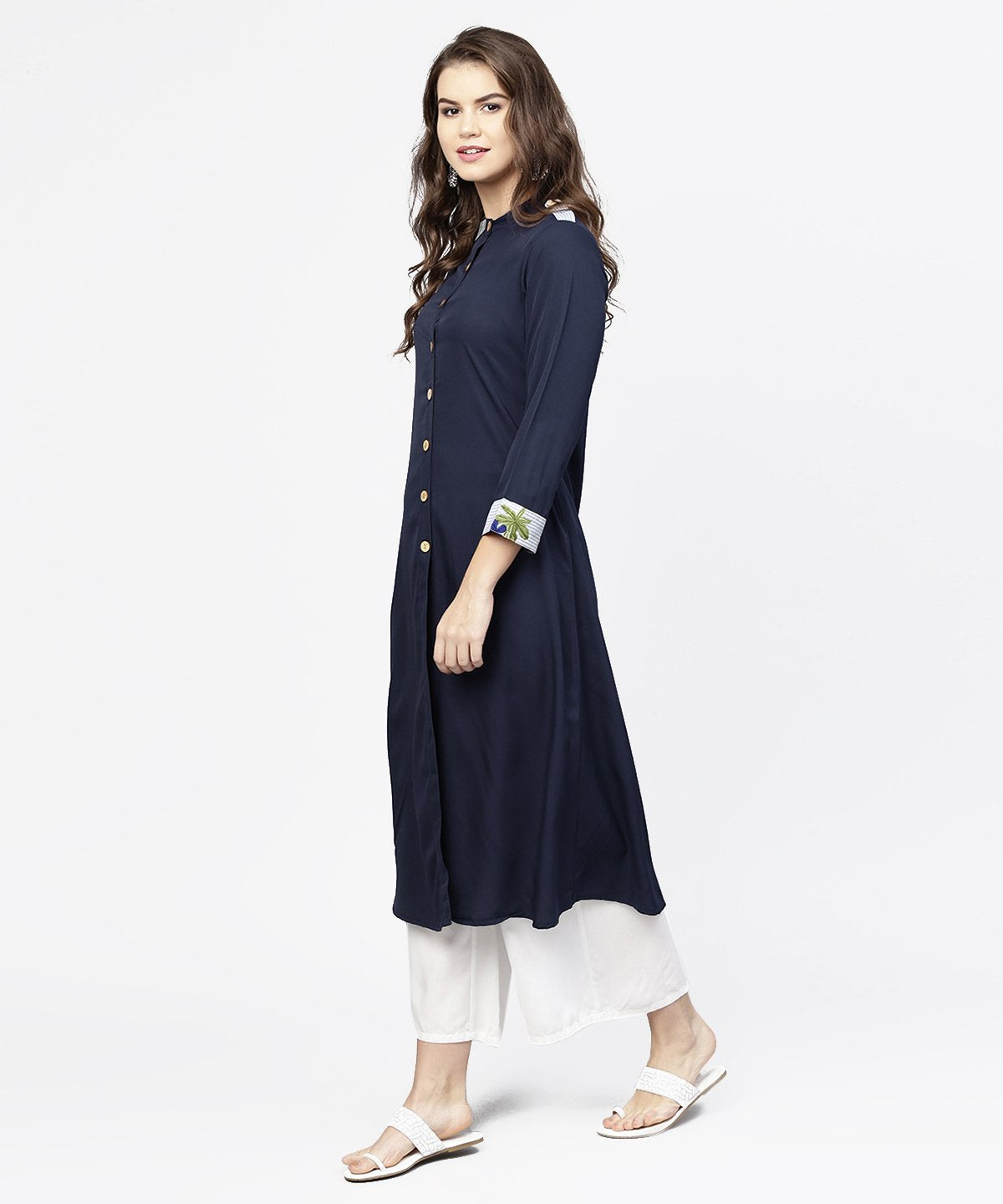 Women's Navy Blue 3/4Th Sleeve Crepe A-Line Kurta With Button At Front