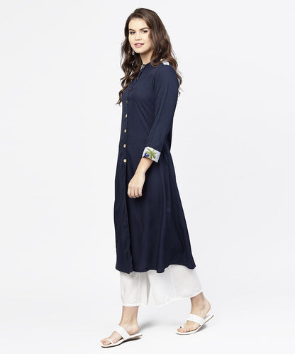 Women's Navy Blue 3/4Th Sleeve Crepe A-Line Kurta With Button At Front