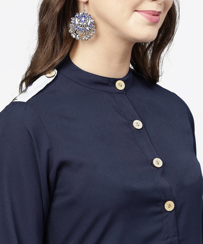 Women's Navy Blue 3/4Th Sleeve Crepe A-Line Kurta With Button At Front