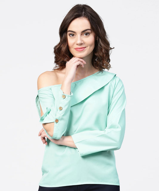 Women's Aqua Blue Full Sleeve One Side Shoulder Tops