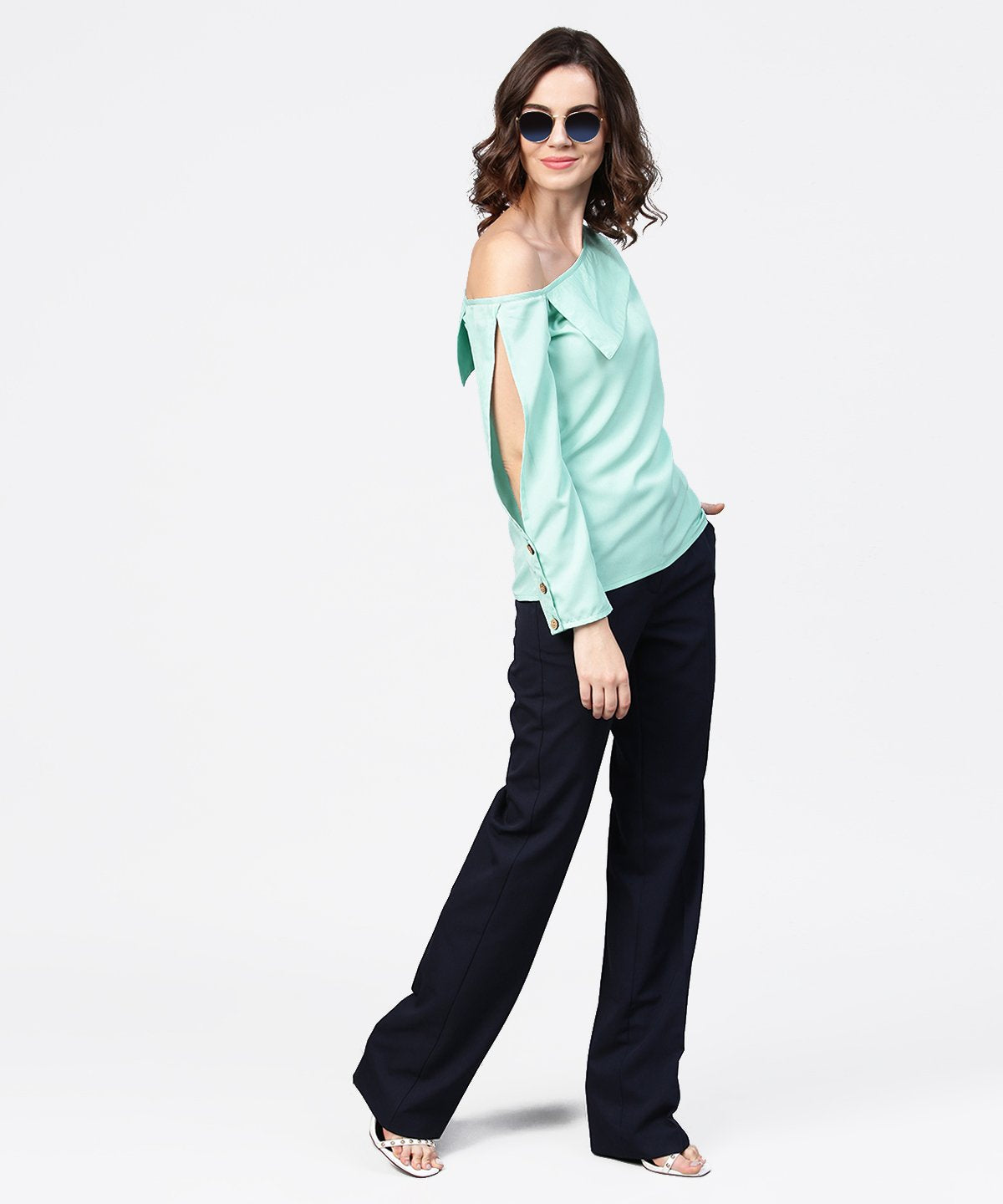 Women's Aqua Blue Full Sleeve One Side Shoulder Tops