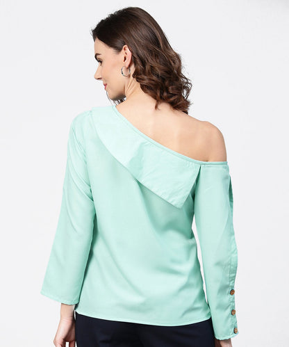 Women's Aqua Blue Full Sleeve One Side Shoulder Tops