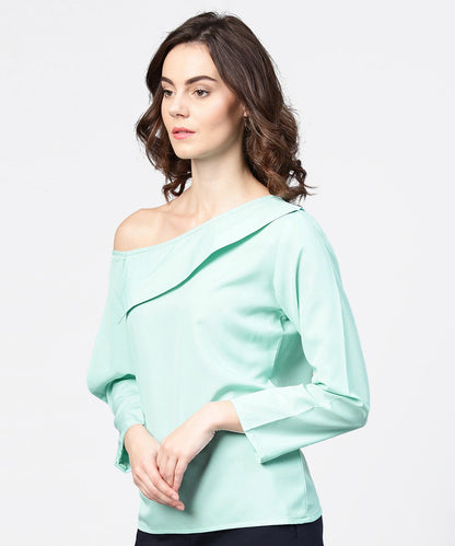 Women's Aqua Blue Full Sleeve One Side Shoulder Tops