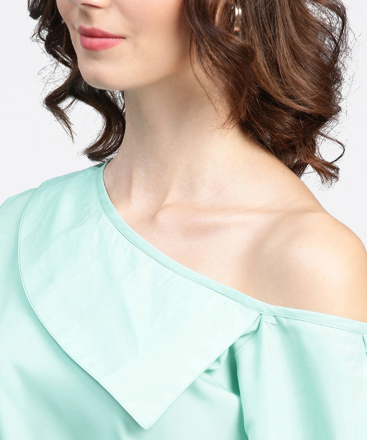 Women's Aqua Blue Full Sleeve One Side Shoulder Tops