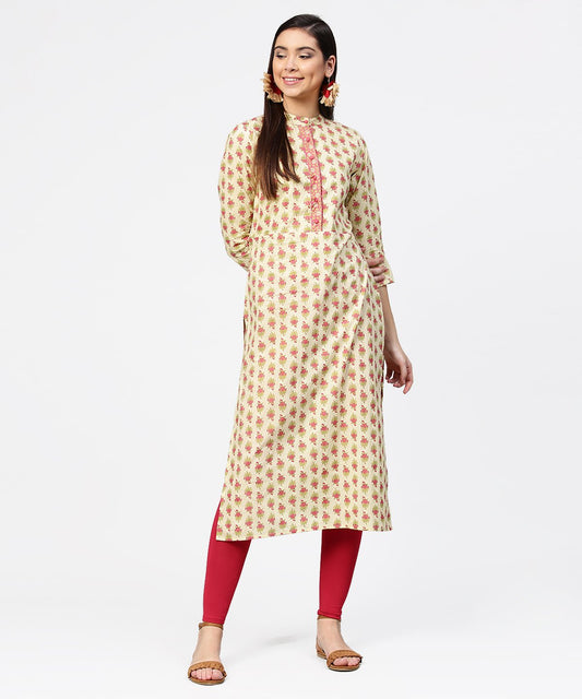 Women's Off White Printed 3/4Th Sleeve Cotton Straight Kurta