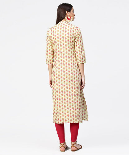Women's Off White Printed 3/4Th Sleeve Cotton Straight Kurta