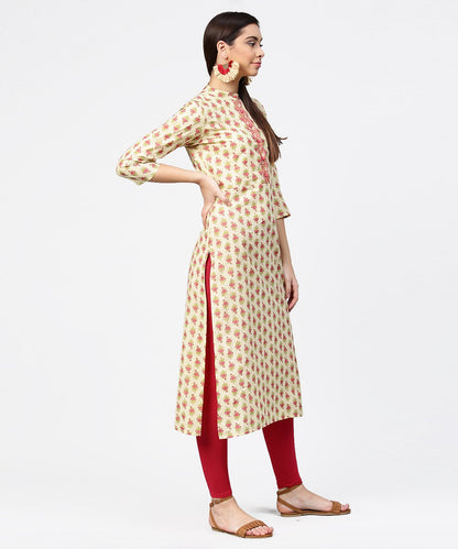 Women's Off White Printed 3/4Th Sleeve Cotton Straight Kurta
