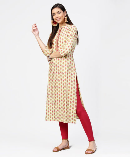 Women's Off White Printed 3/4Th Sleeve Cotton Straight Kurta