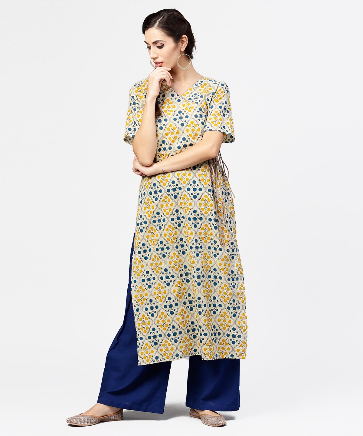 Women's Yellow Printed Half Sleeve Cotton Straight Kurta With Dori Work