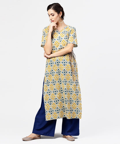 Women's Yellow Printed Half Sleeve Cotton Straight Kurta With Dori Work