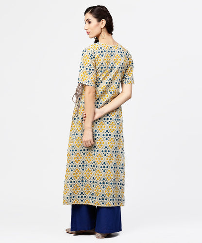 Women's Yellow Printed Half Sleeve Cotton Straight Kurta With Dori Work