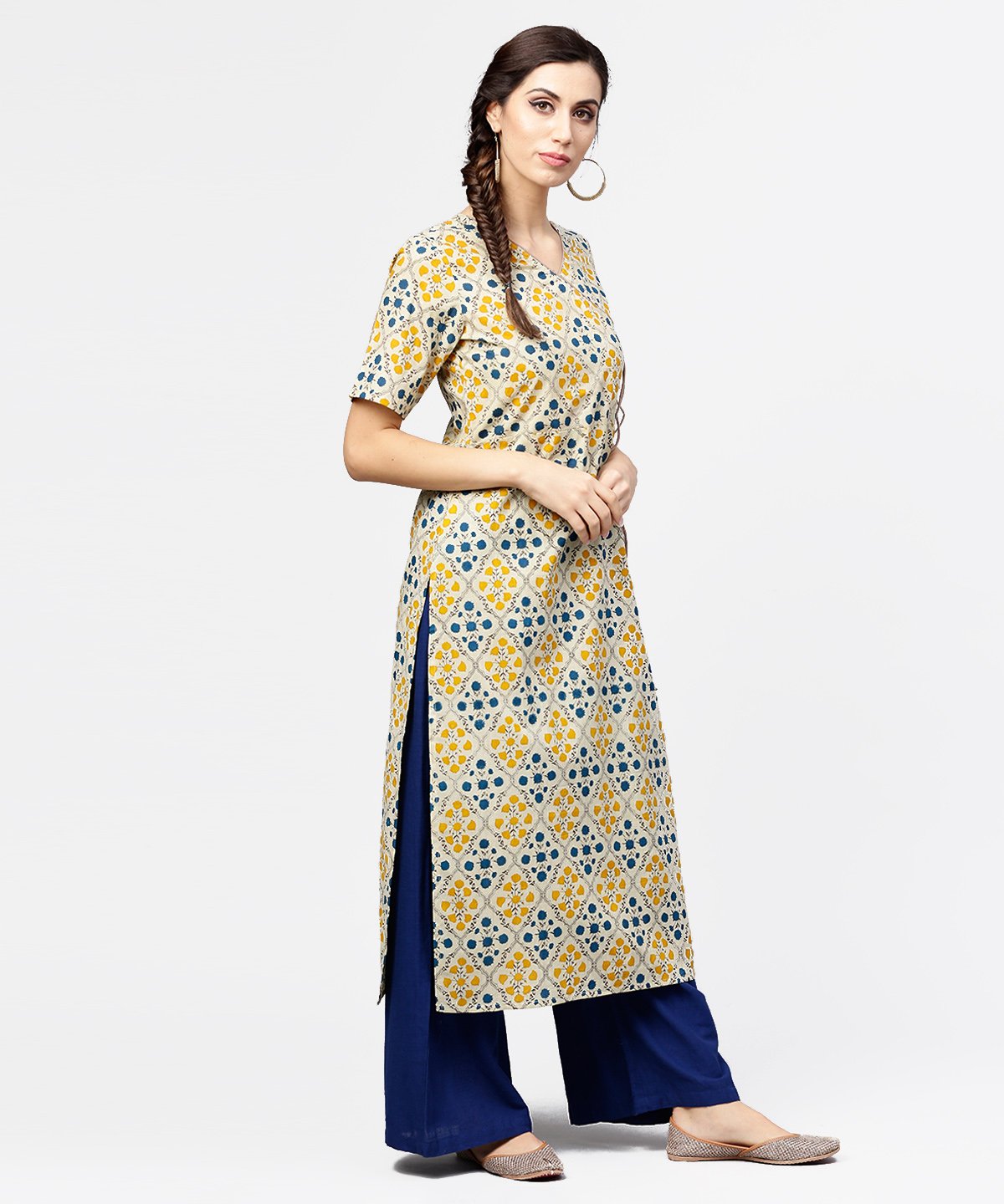 Women's Yellow Printed Half Sleeve Cotton Straight Kurta With Dori Work
