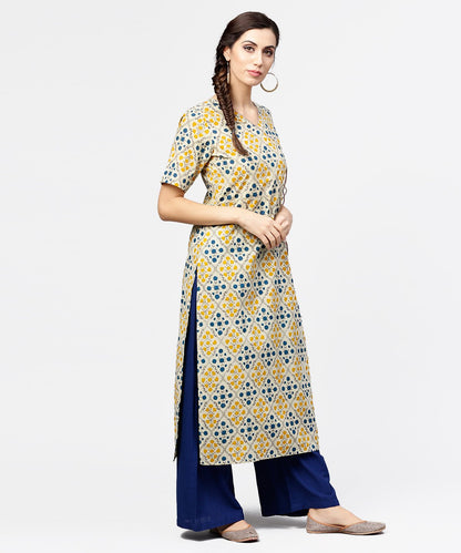 Women's Yellow Printed Half Sleeve Cotton Straight Kurta With Dori Work