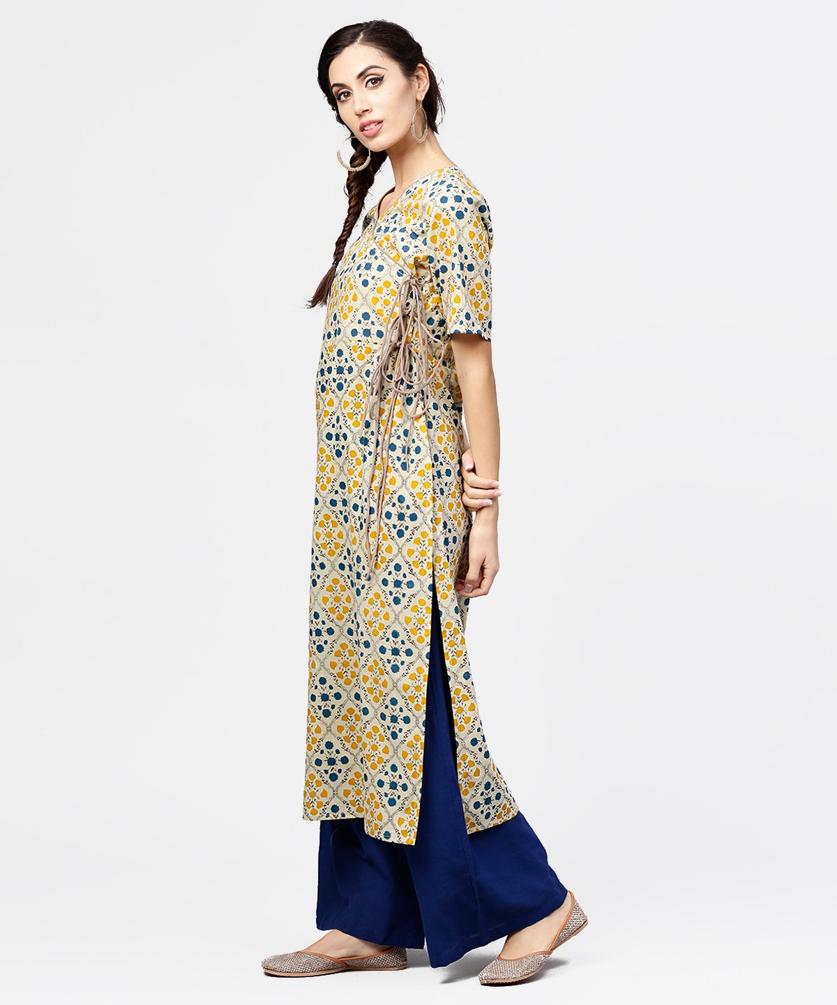 Women's Yellow Printed Half Sleeve Cotton Straight Kurta With Dori Work