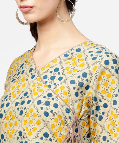 Women's Yellow Printed Half Sleeve Cotton Straight Kurta With Dori Work