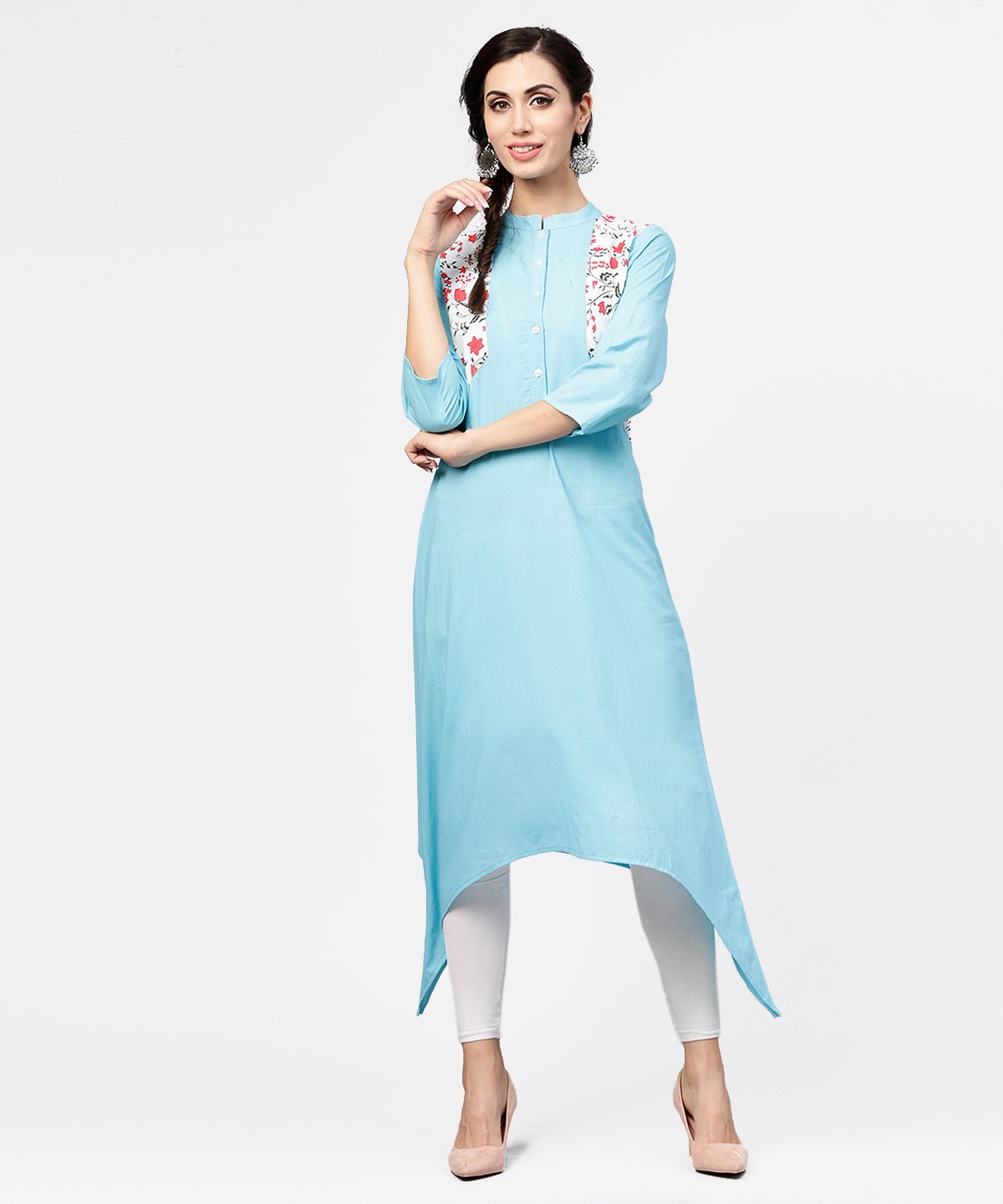 Women's Blue 3/4Th Sleeve Cotton Floor Length Kurta