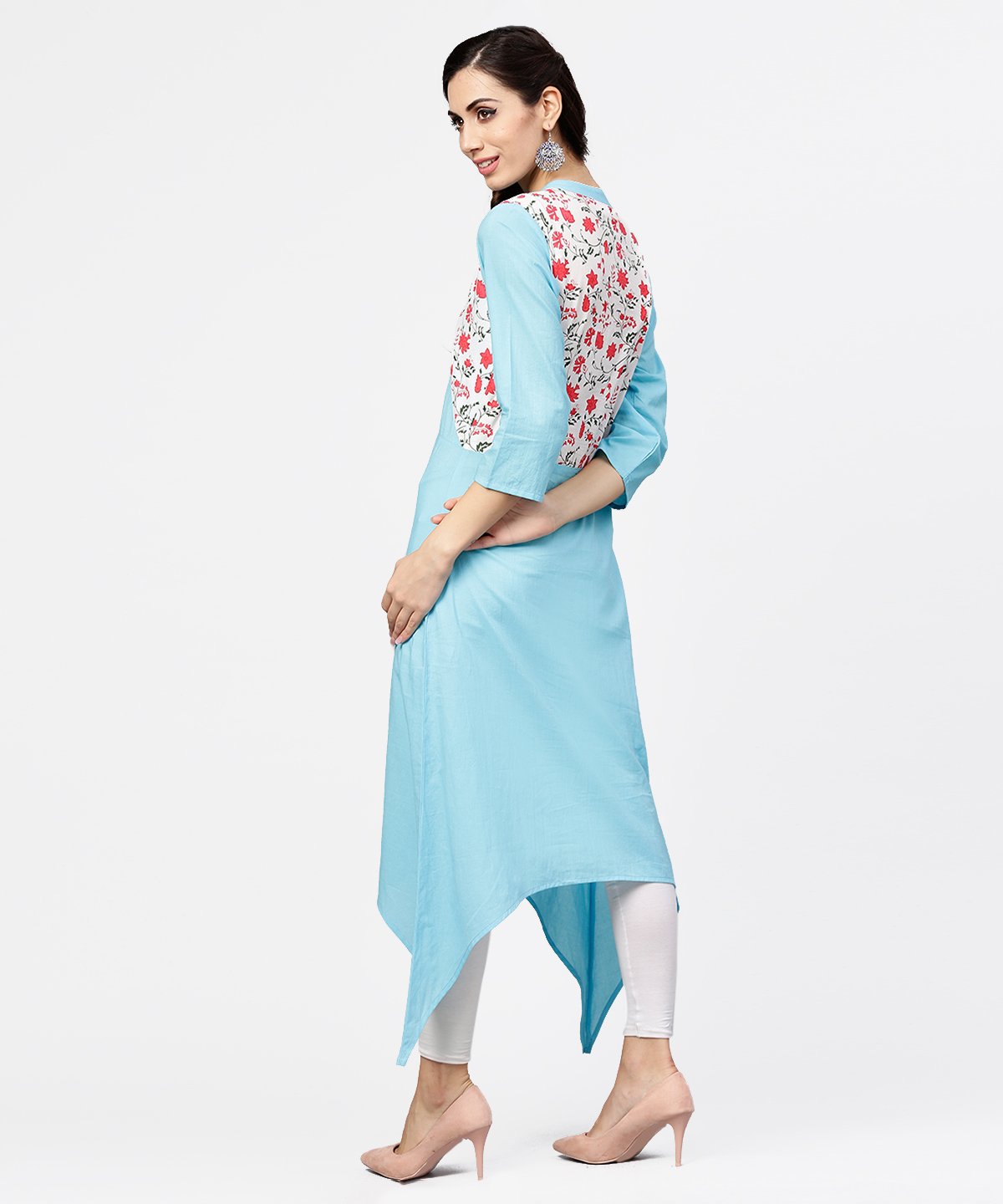 Women's Blue 3/4Th Sleeve Cotton Floor Length Kurta