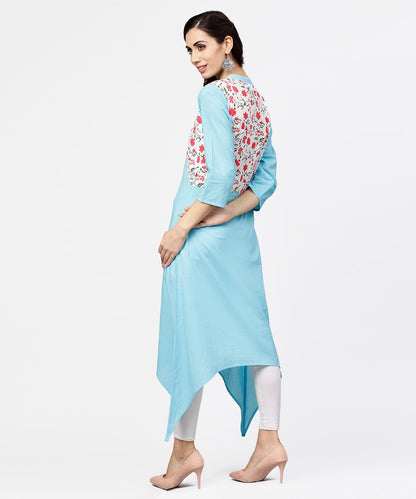 Women's Blue 3/4Th Sleeve Cotton Floor Length Kurta