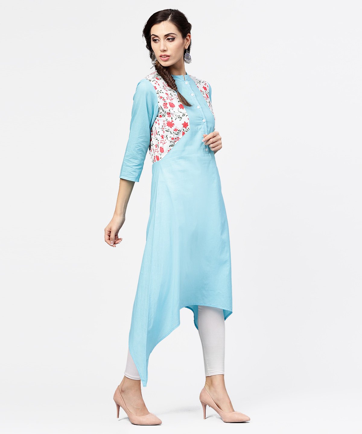 Women's Blue 3/4Th Sleeve Cotton Floor Length Kurta