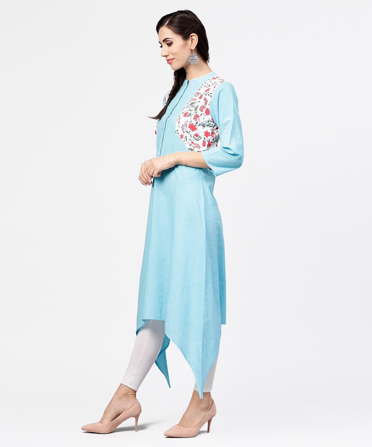 Women's Blue 3/4Th Sleeve Cotton Floor Length Kurta
