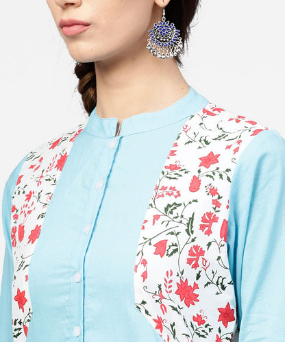 Women's Blue 3/4Th Sleeve Cotton Floor Length Kurta