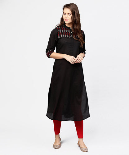 Women's Black 3/4Th Sleeve Yoke Printed Straight Kurta