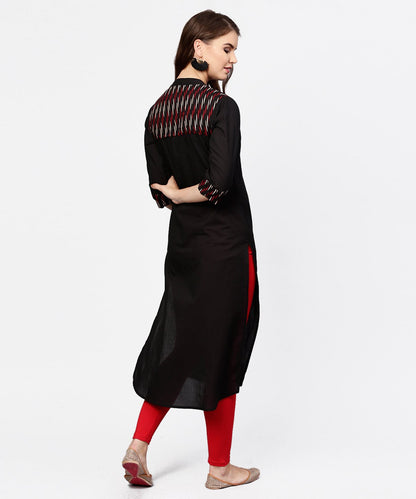 Women's Black 3/4Th Sleeve Yoke Printed Straight Kurta