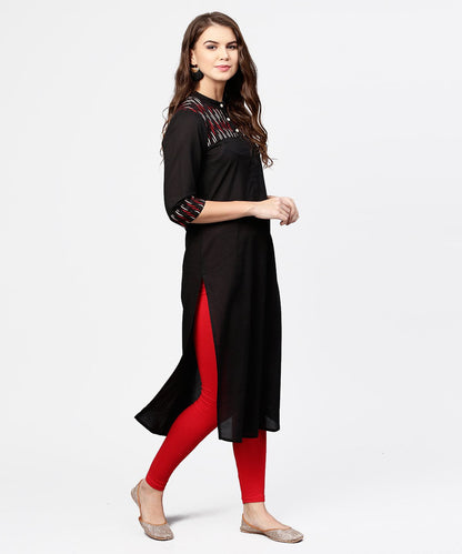 Women's Black 3/4Th Sleeve Yoke Printed Straight Kurta
