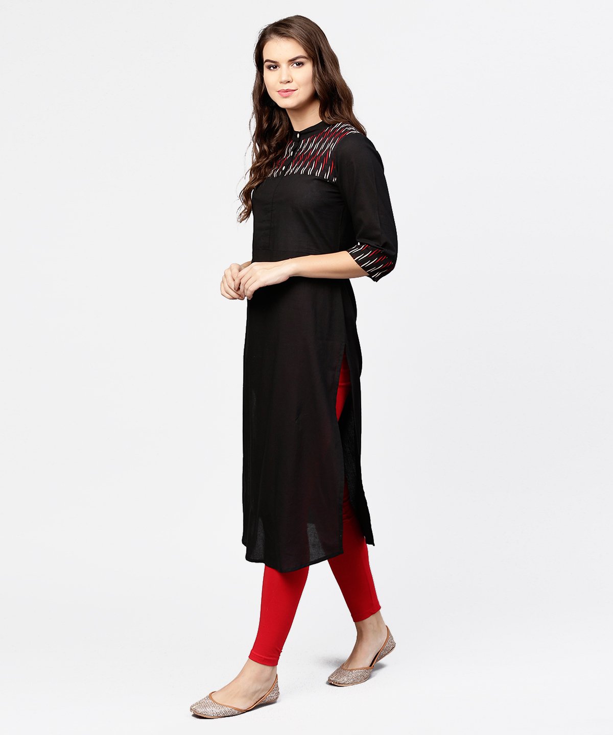 Women's Black 3/4Th Sleeve Yoke Printed Straight Kurta