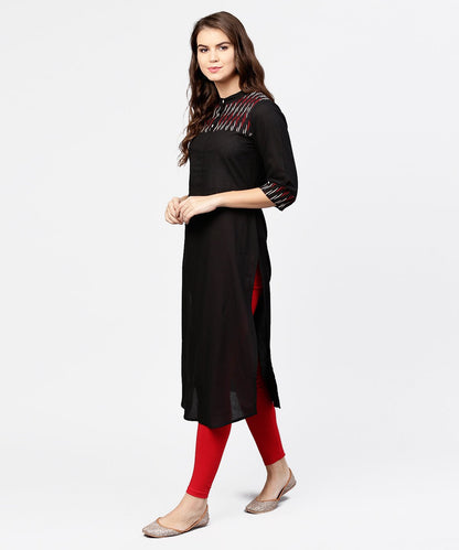 Women's Black 3/4Th Sleeve Yoke Printed Straight Kurta