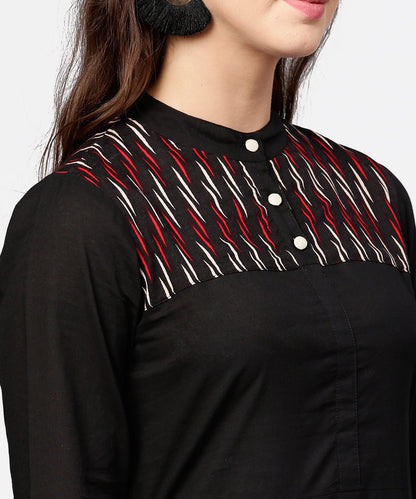 Women's Black 3/4Th Sleeve Yoke Printed Straight Kurta