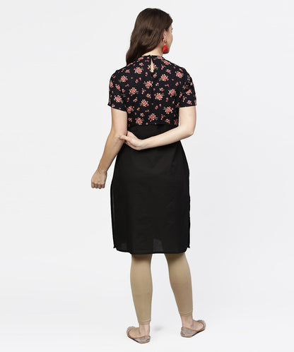 Women's Black Sleeveless Cotton Kurta With Printed Half Sleeve Jacket
