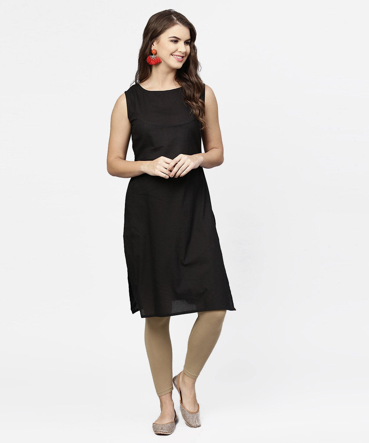 Women's Black Sleeveless Cotton Kurta With Printed Half Sleeve Jacket