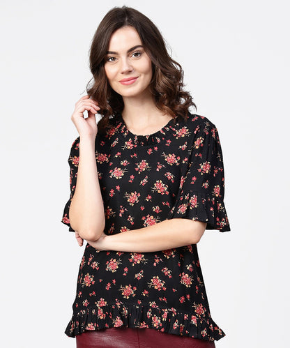 Women's Black Printed Half Sleeve Cotton Tops